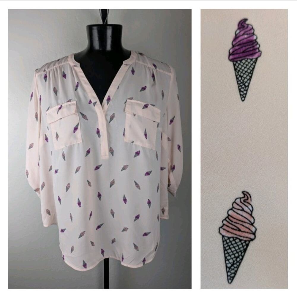 Torrid Harper Ice Cream Cone Georgette Blouse 3/4 sleeve pale pink sheer